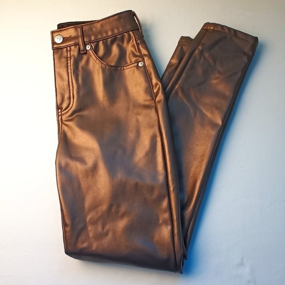 Express Faux Leather Jeans Metallic Bronze High Rise Skinny Leg - Picture 1 of 10